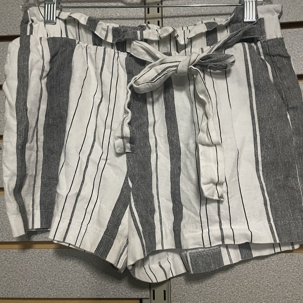 Have Medium Gray White Striped Linen Shirts Elastic Waist‎ Tie Pockets
